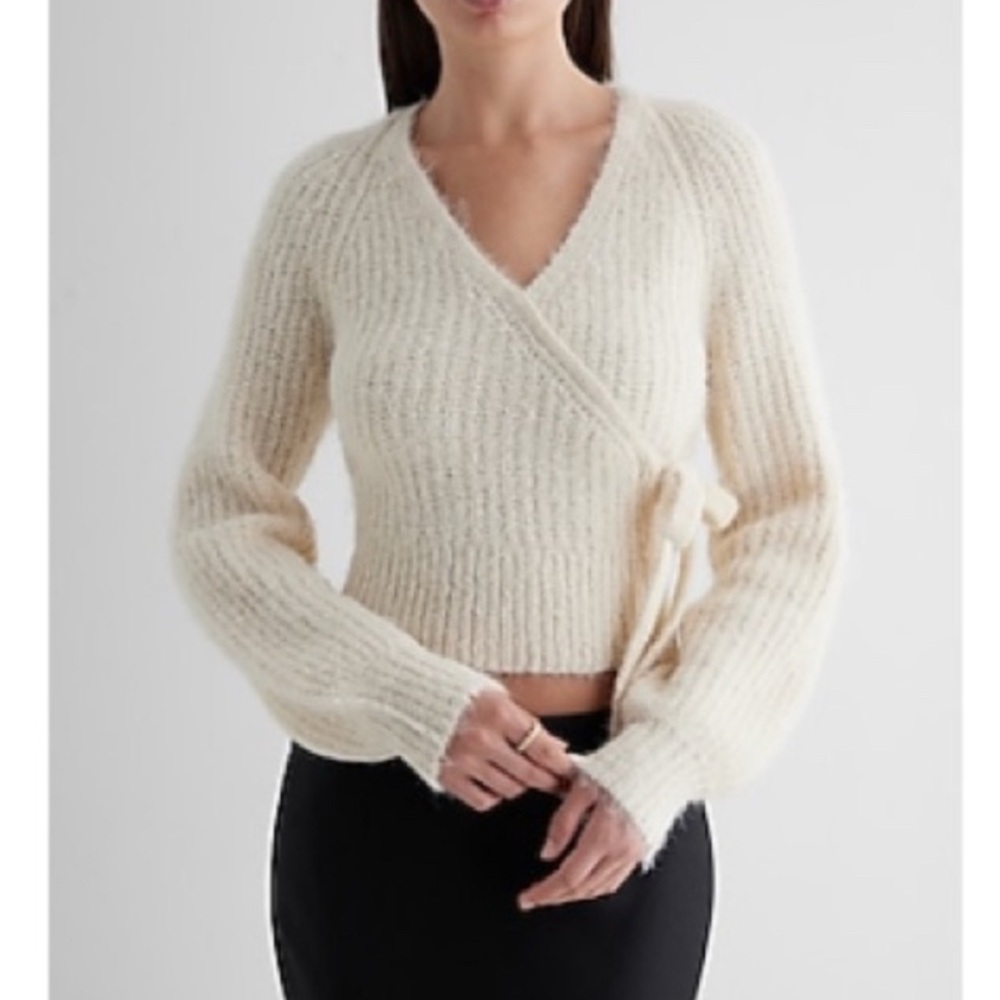 Express Fuzzy Surplice V-Neck Wrap Sweater SAND